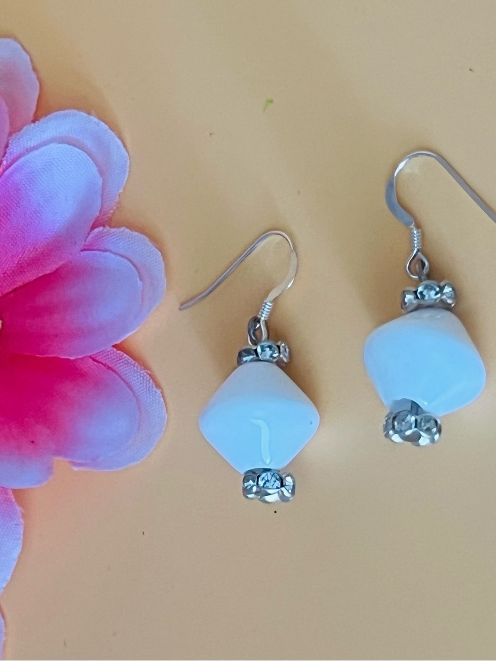 White Lucite Bead Dangle Earrings - silver plated post